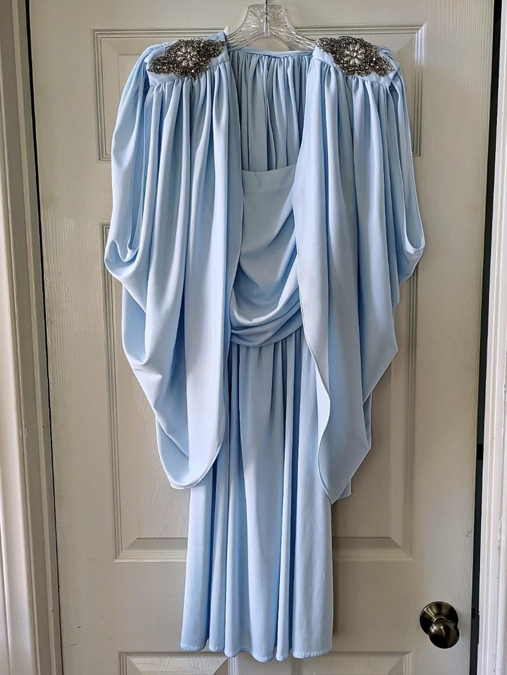 Two Piece Elegant Light Blue Draped Evening Dress with Beaded Cape